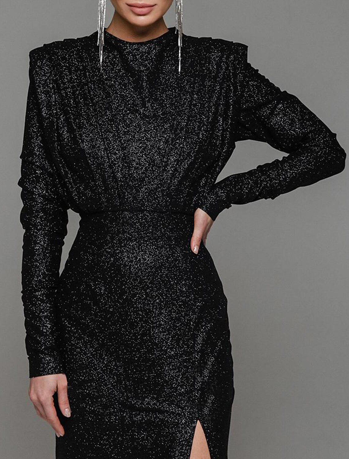 Sheath Black Dress Evening Gown Glittering Dress Formal Masquerade Floor Length Long Sleeve Jewel Neck Lurex Fabric with Slit