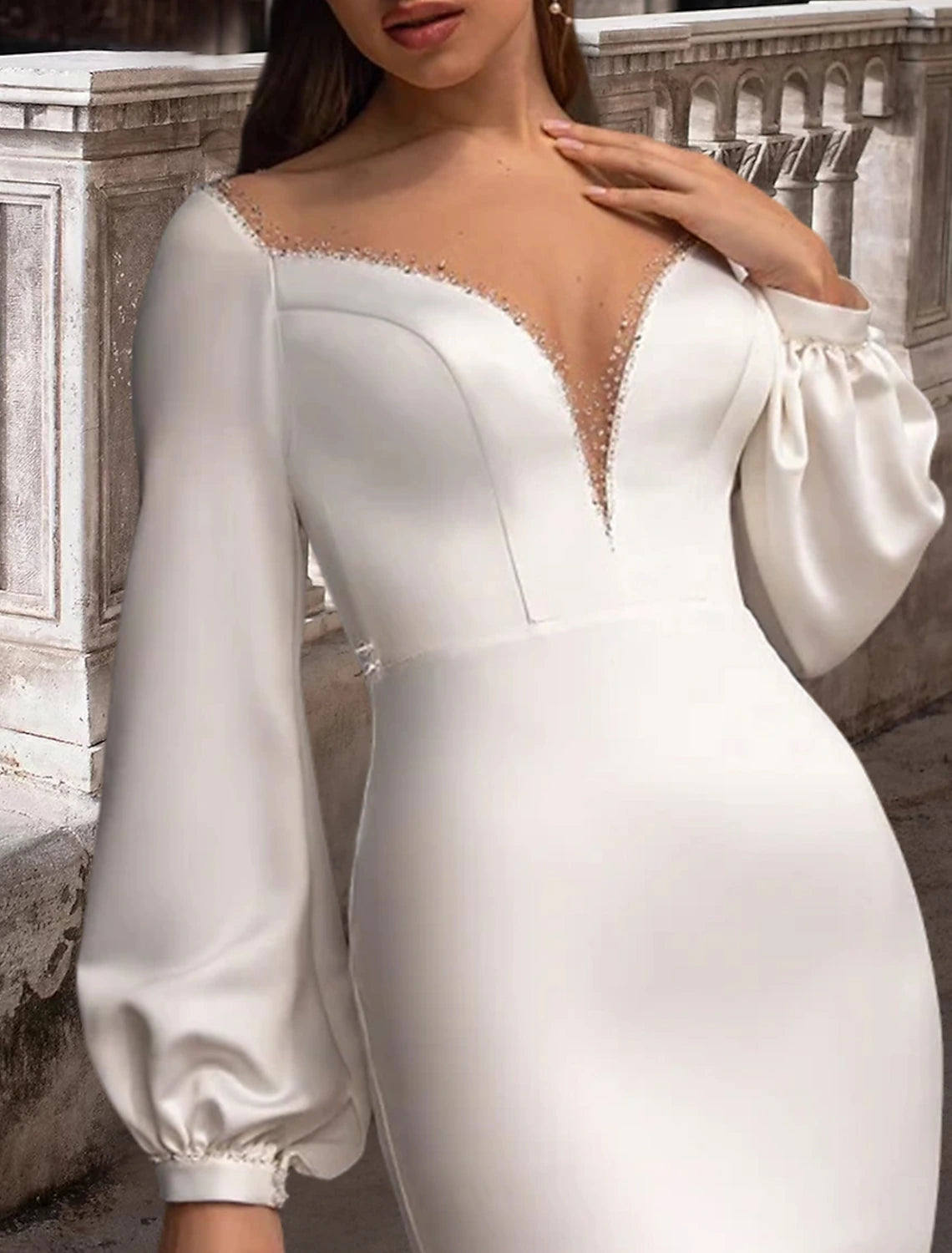 Reception Formal Wedding Dresses Two Piece Illusion Neck Scoop Neck Long Sleeve Sweep / Brush Train Satin Bridal Gowns With Solid Colo