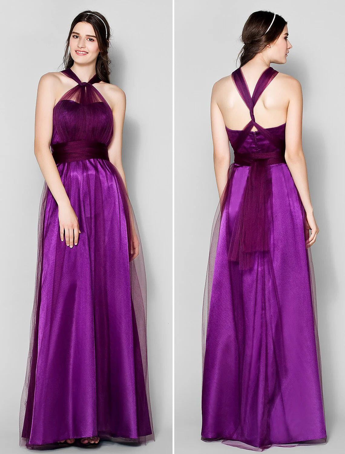 DingjiA-Line Bridesmaid Dress Straps Sleeveless Convertible Dress Floor Length Tulle with Ruched / Side Draping