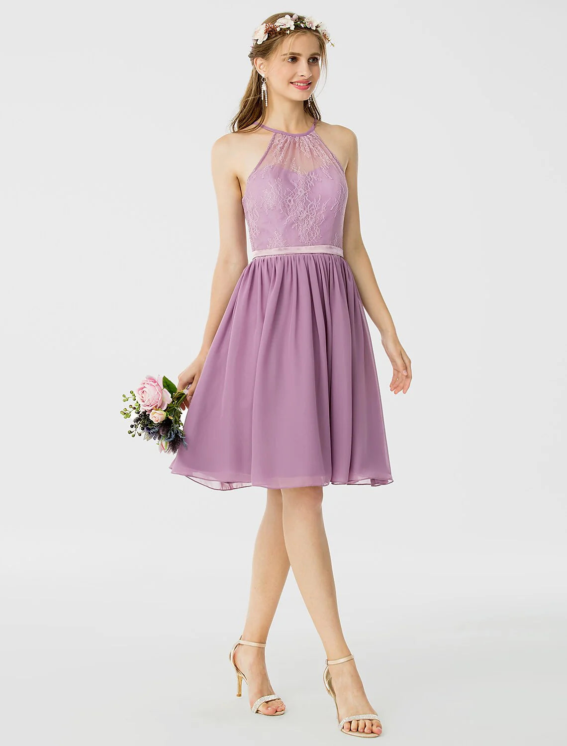 DingjiA-Line / Princess Halter Neck Knee Length Chiffon / Corded Lace Bridesmaid Dress with Sash / Ribbon / Pleats