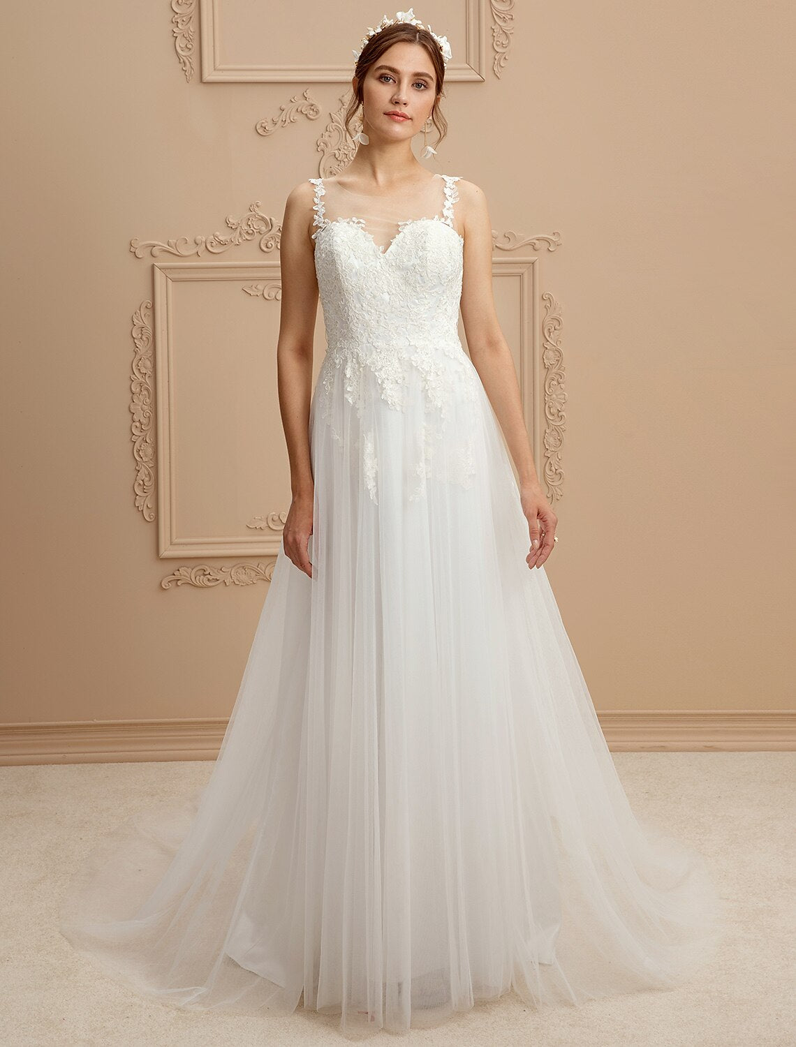 Hall Wedding Dresses A-Line Jewel Neck Sleeveless Court Train Tulle Bridal Gowns With Sashes / Ribbons Appliques