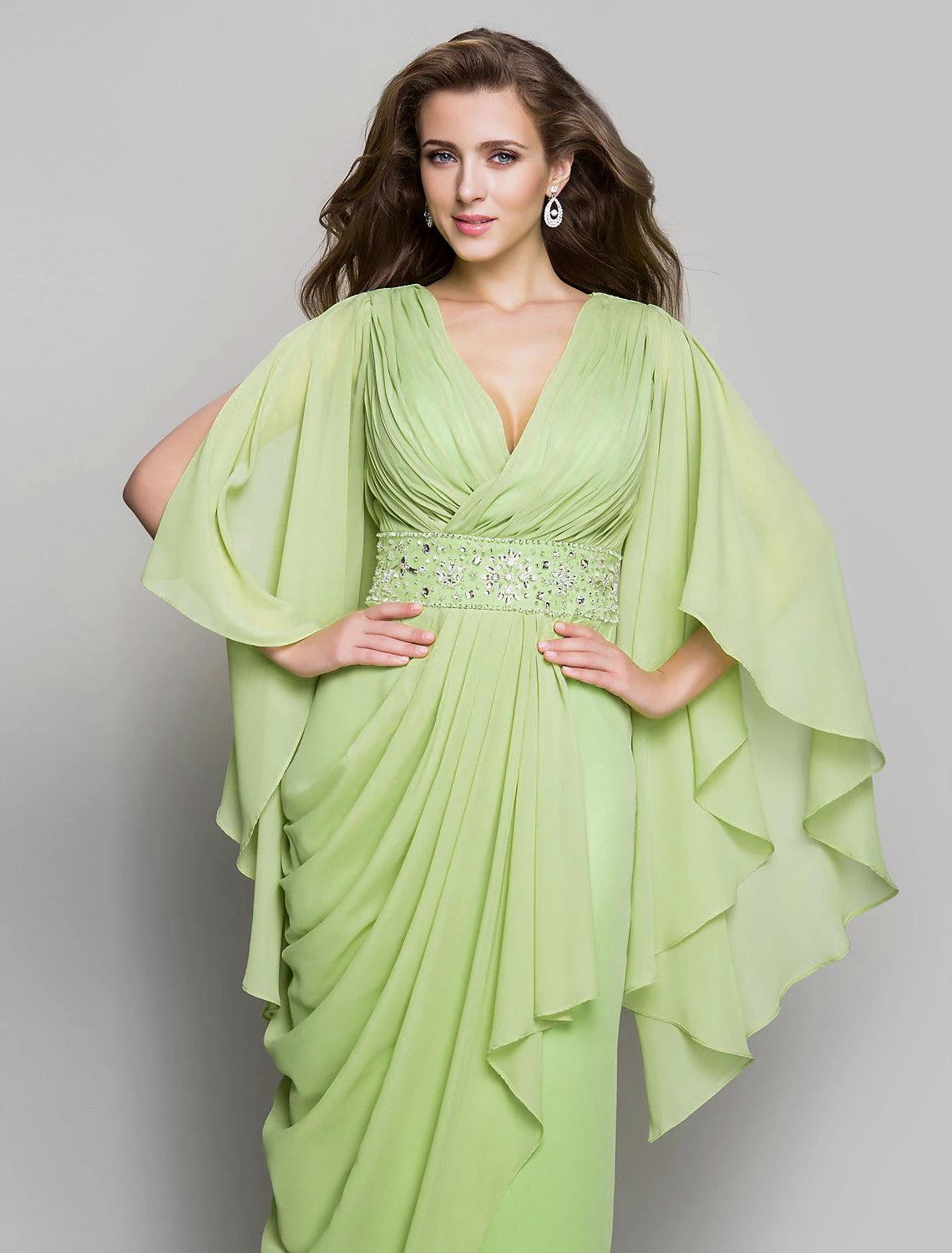 Sheath / Column Elegant Dress Wedding Guest Formal Evening Floor Length Long Sleeve V Neck Chiffon V Back with Crystals Side Draping