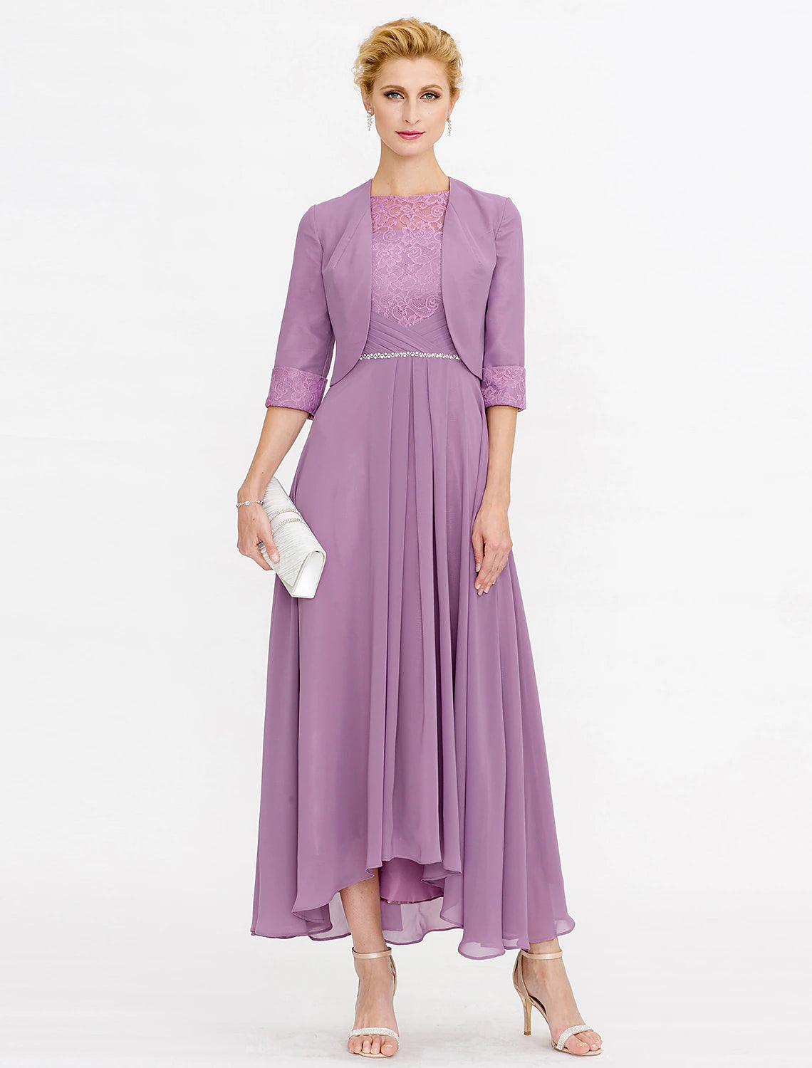 Two Piece Ball Gown A-Line Mother of the Bride Dress Formal Church Convertible Dress High Low See Through Illusion Neck Asymmetrical Chiffon Lace 3/4 Length Sleeve with Crystals