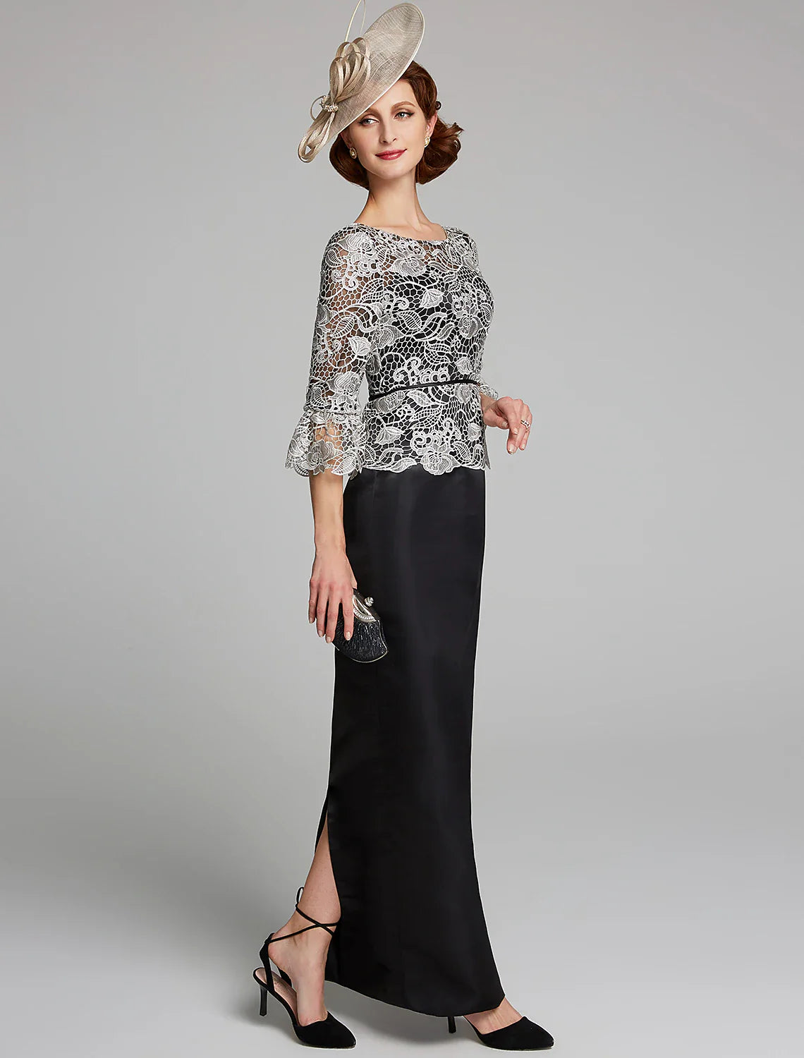 DingjiSheath / Column Mother of the Bride Dress Jewel Neck Floor Length Satin Lace 3/4 Length Sleeve with Lace