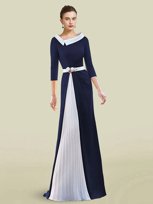A-Line Mother of the Bride Dress Elegant Jewel Neck Floor Length Chiffon Stretch Fabric Half Sleeve with Sash / Ribbon Pleats