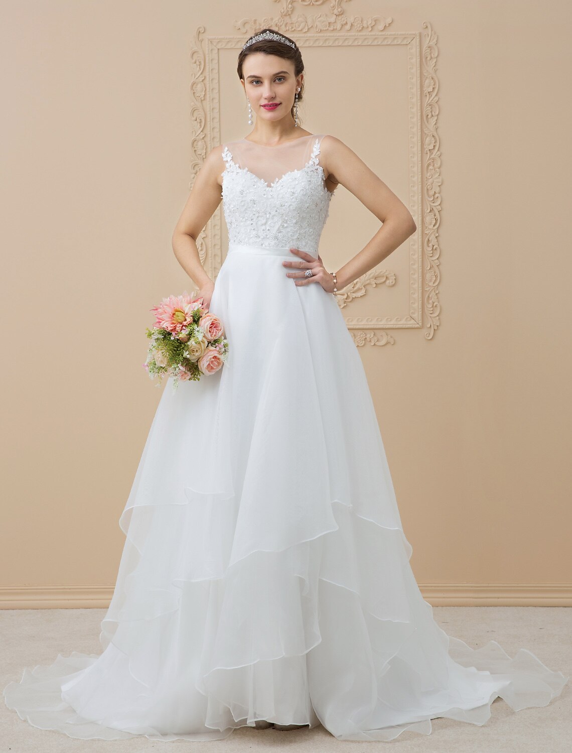 Wedding Dresses A-Line Bateau Neck Regular Straps Sweep / Brush Train Chiffon Bridal Gowns With Appliques
