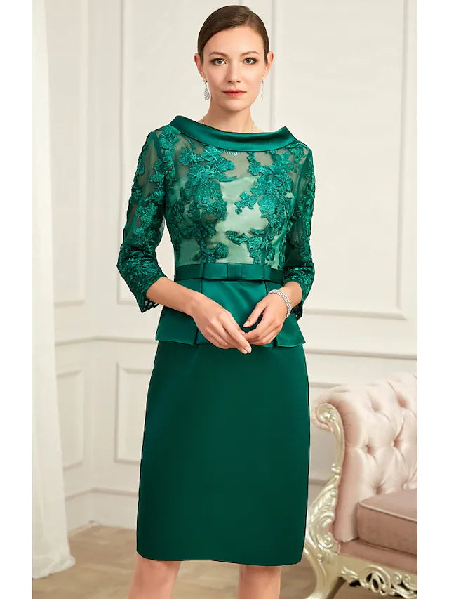 DingjiSheath / Column Peplum Wedding Guest Cocktail Party Dress Jewel Neck 3/4 Length Sleeve Knee Length Chiffon with Bow(s) Slit Appliques