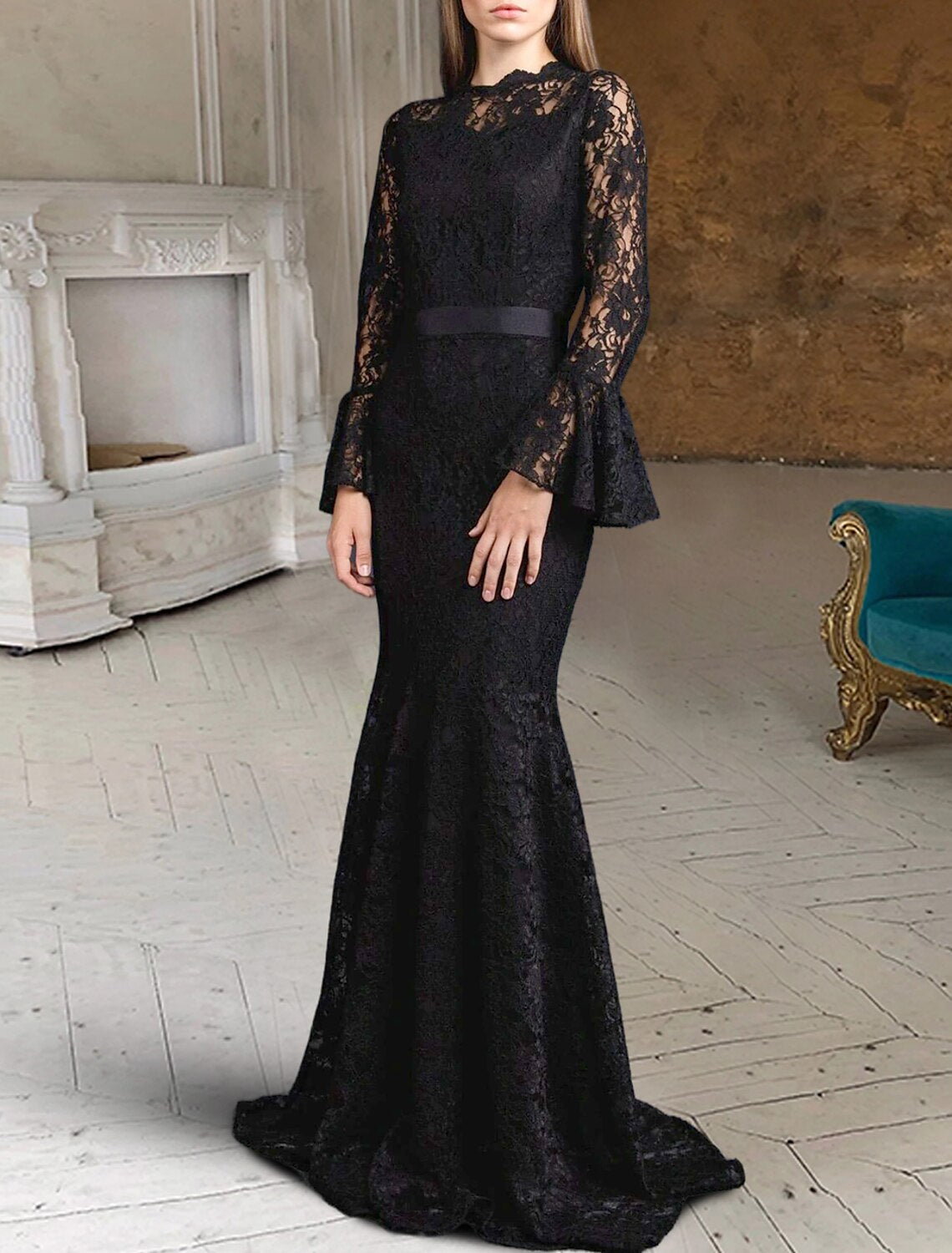 Black Wedding Dresses Party Formal Mermaid / Trumpet Scoop Neck Long Sleeve Sweep / Brush Train Lace Gothi Fall Halloween Bachelorette Bridal Gowns With Solid Color
