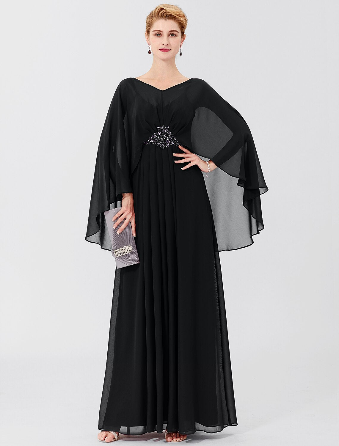 Sheath / Column Mother of the Bride Dress Formal Classic & Timeless Elegant & Luxurious Elegant V Neck Floor Length Chiffon Long Sleeve with Pleats Beading