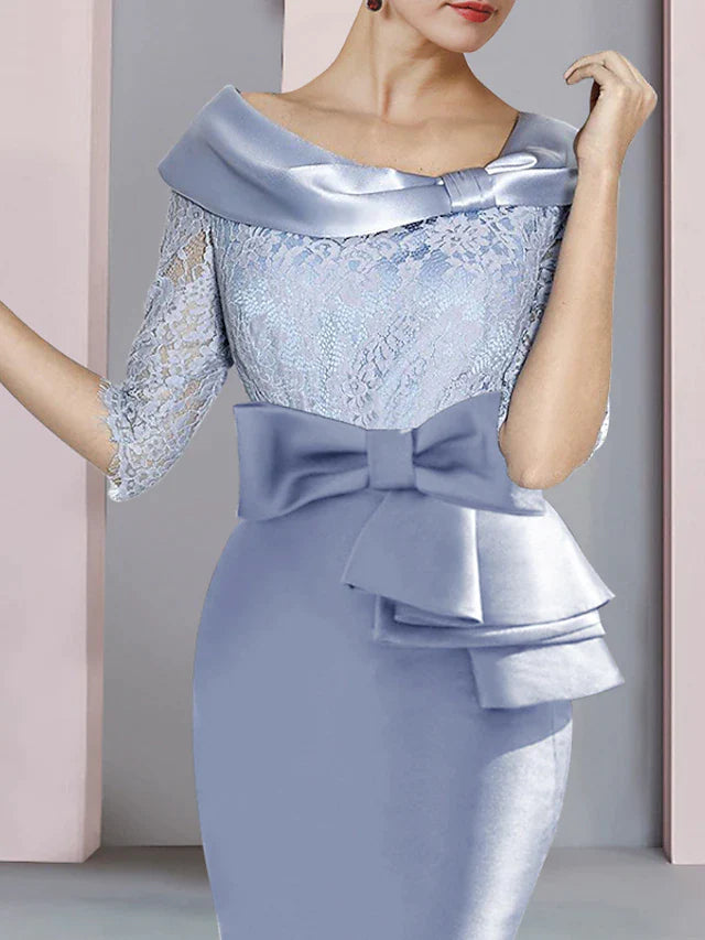 DingjiSheath / Column Mother of the Bride Dress Wedding Guest Party Elegant Scoop Neck Knee Length Satin Lace Half Sleeve with Bow(s) Ruching