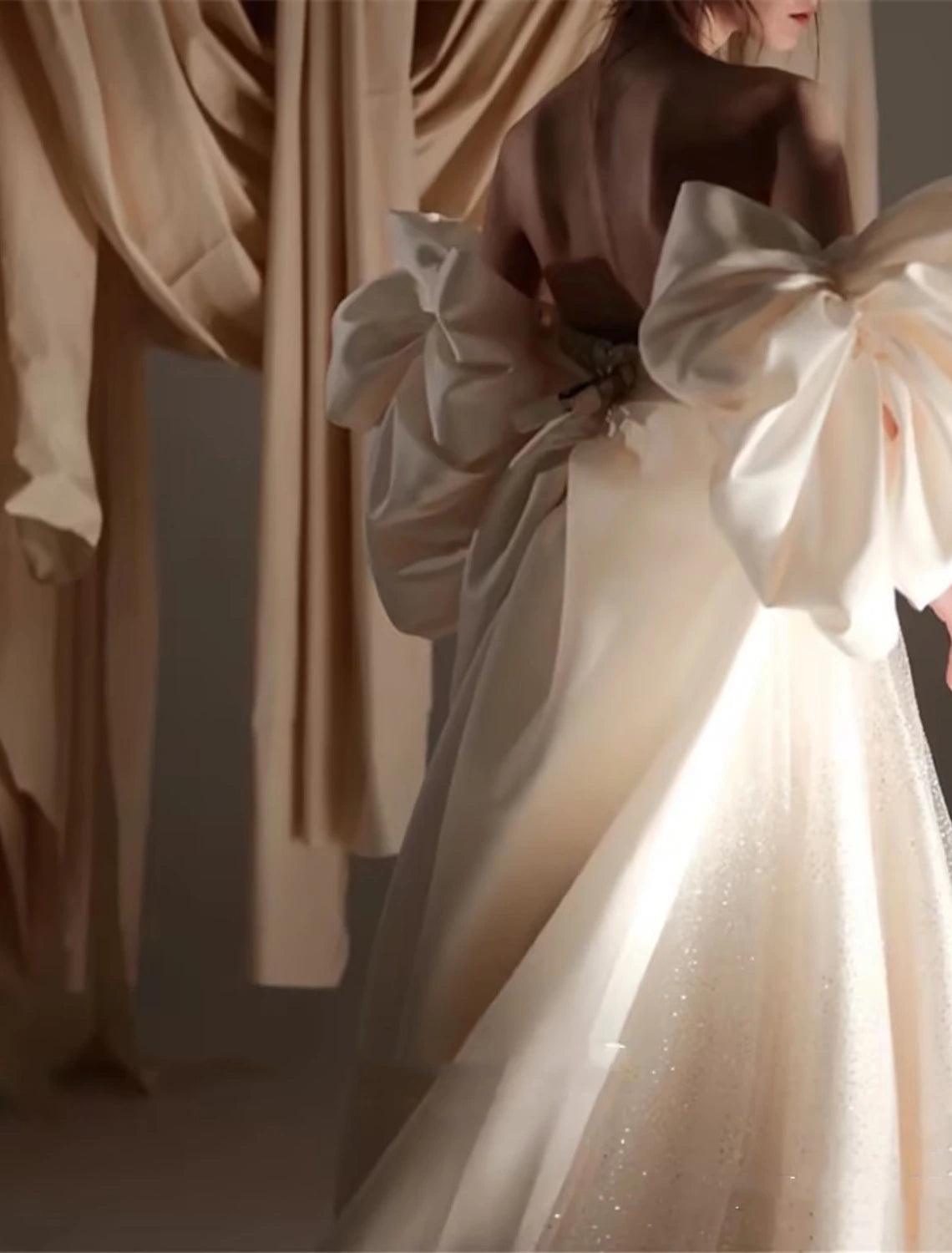 Formal Glitter & Sparkle Wedding Dresses A-Line Square Neck Short Sleeve Court Train Satin Bridal Gowns With Solid Color