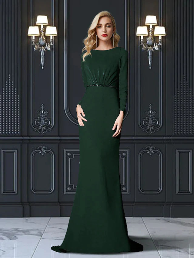 Sheath / Column Mother of the Bride Dress Plus Size Elegant Jewel Neck Sweep / Brush Train Chiffon Long Sleeve with Sash / Ribbon