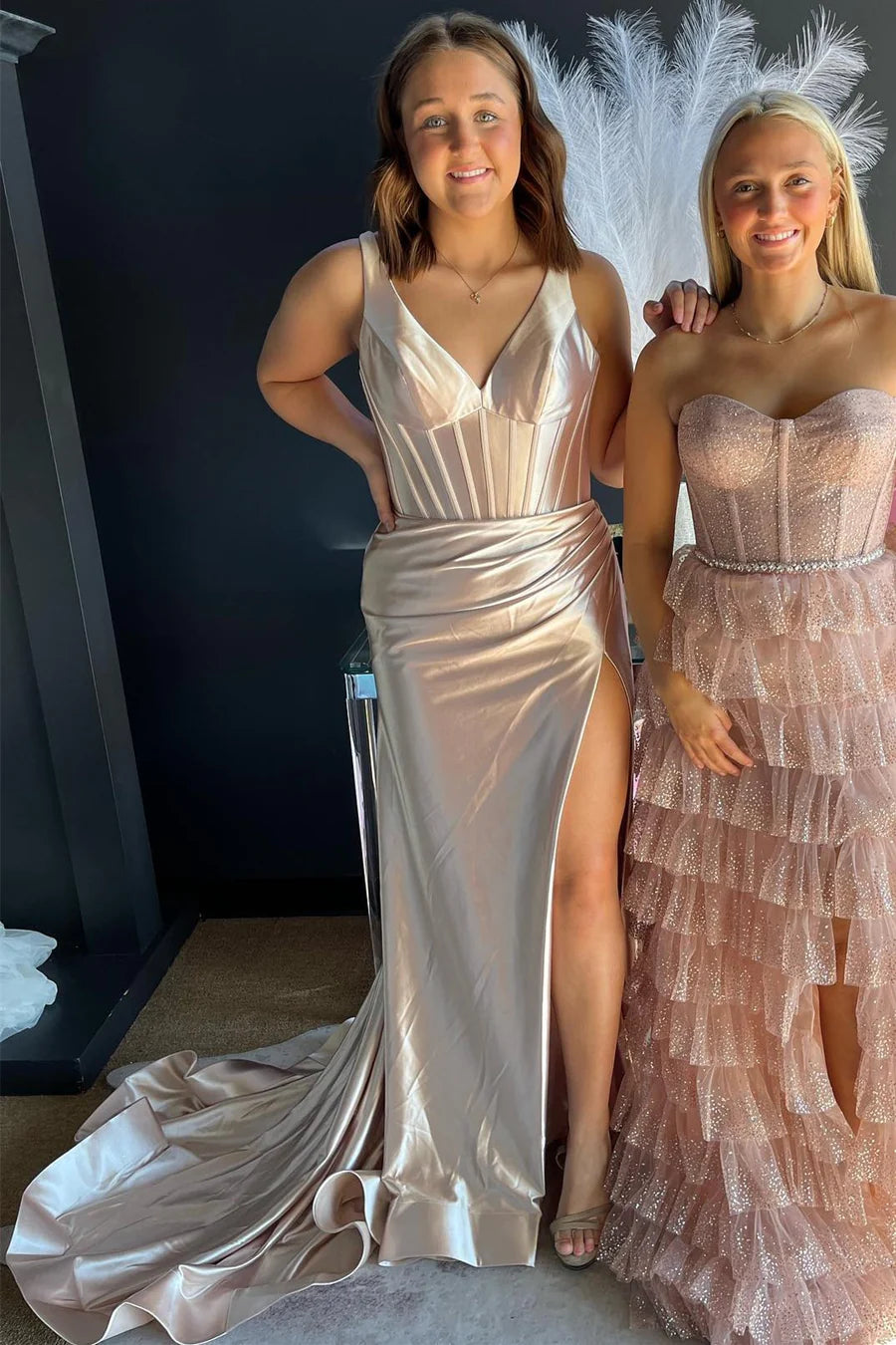 V-Neck Ruched Mermaid Long Formal Dress with Slit