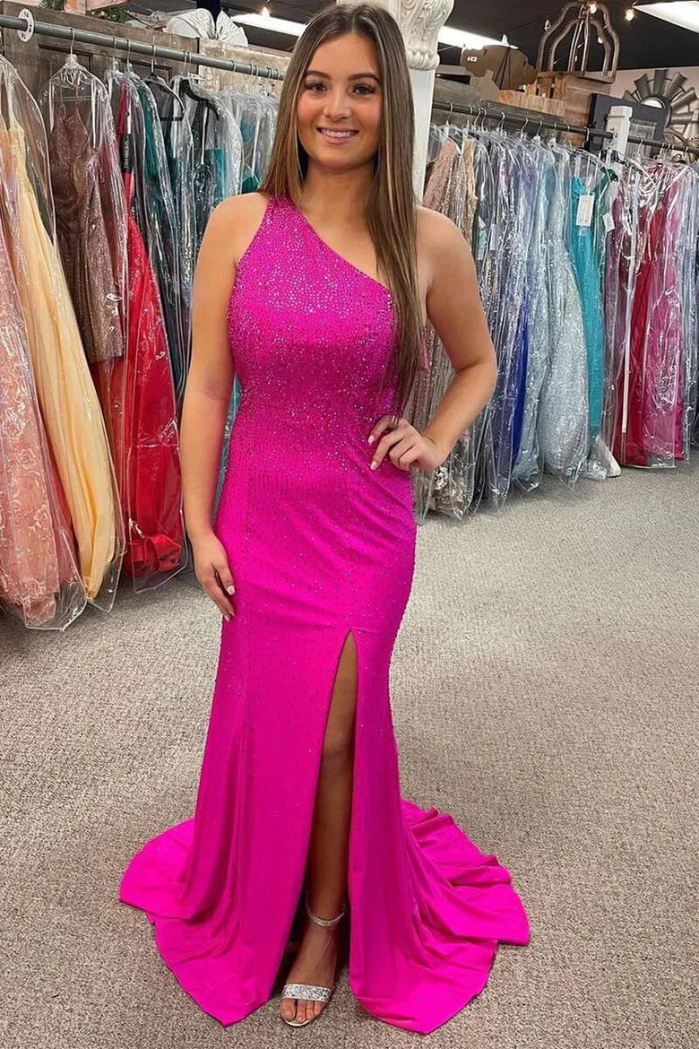 Beaded One-Shoulder Cutout Long Formal Dress