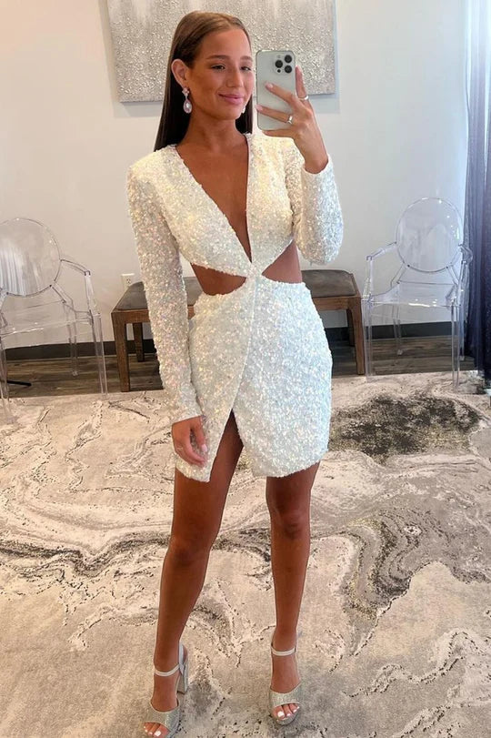 Sequin Deep V Cutout Cocktail Dress