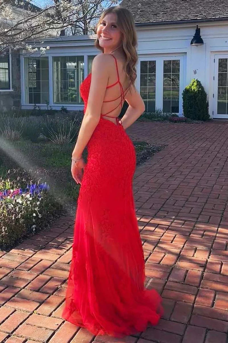 Applique V-Neck Lace-Up Mermaid Long Prom Dress with Slit