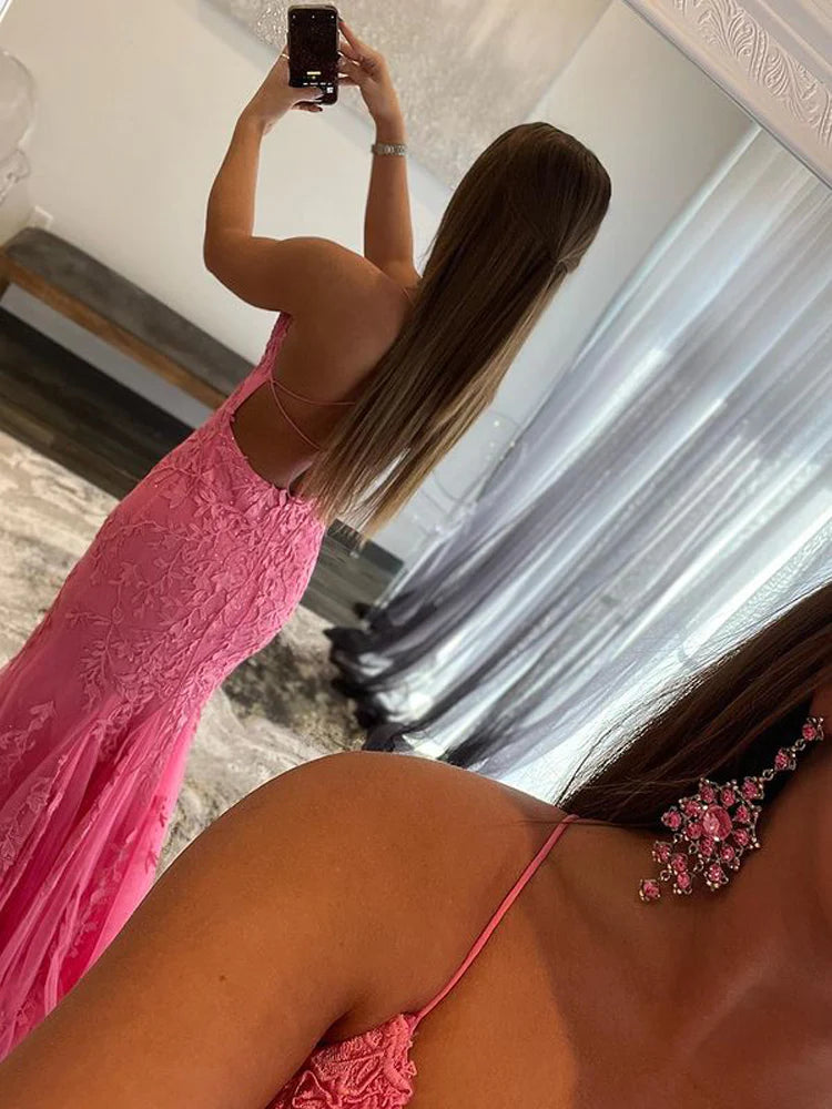 Stunning Mermaid V Neck Hot Pink Lace Prom Dress for