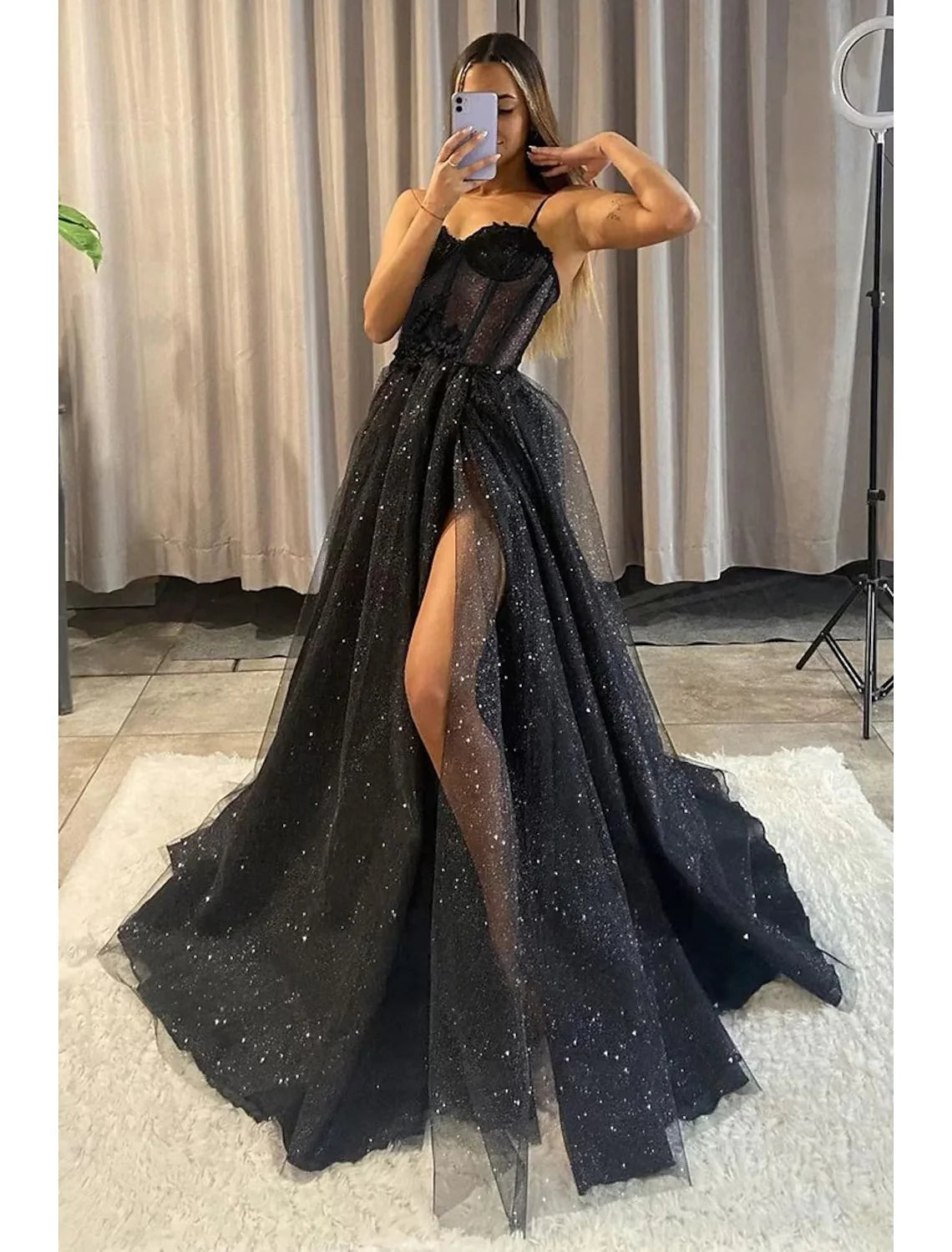 DingjiA-Line Prom Dresses Glitter Formal Gothic Dress Graduation Floor Length Sleeveless Sweetheart Spaghetti Tulle with Slit