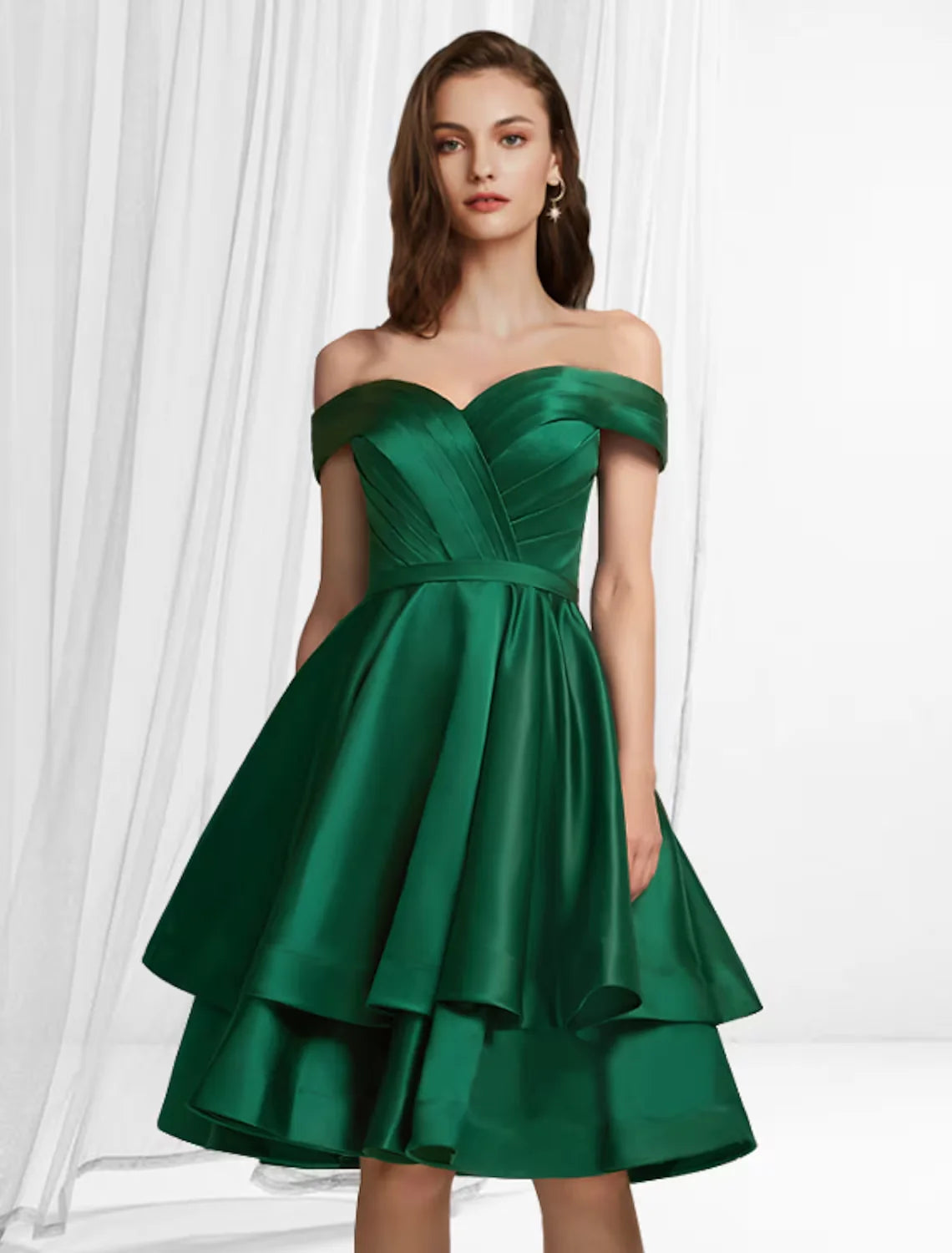 DingjiA-Line Empire Minimalist Party Wear Cocktail Party Dress Off Shoulder Sleeveless Knee Length Satin with Tier