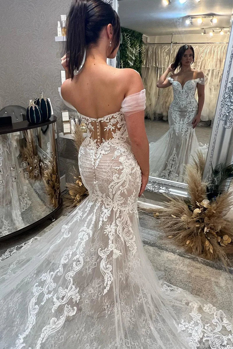 Mermaid Off the Shoulder Lace Wedding Dresses with Train