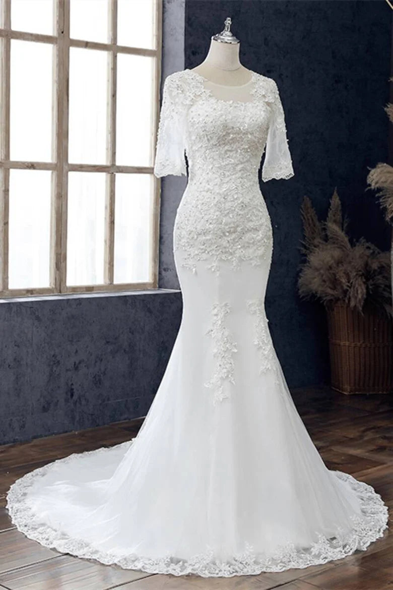 Jewel Half Sleeve Mermaid Wedding Dress
