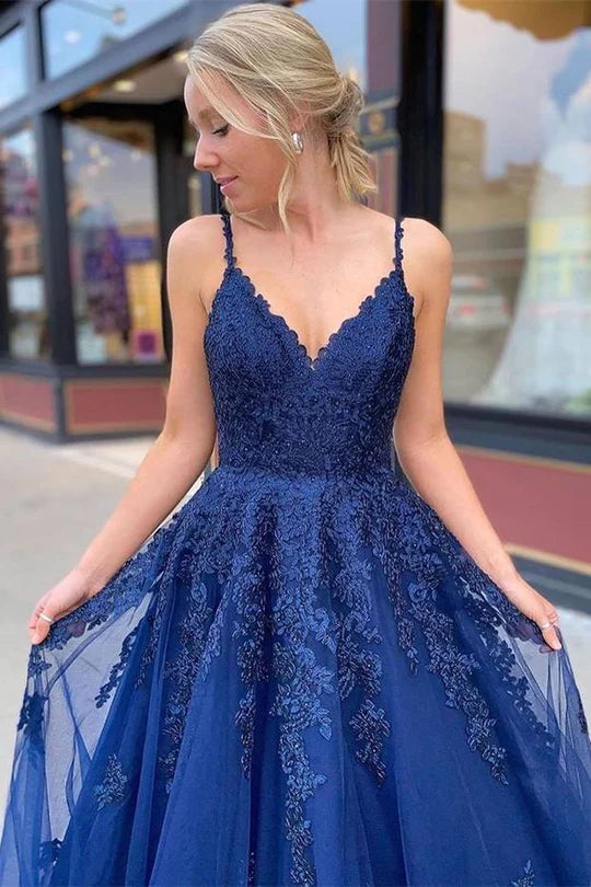 Lace Appliqués V-Neck Lace-Up A-Line Prom Dress
