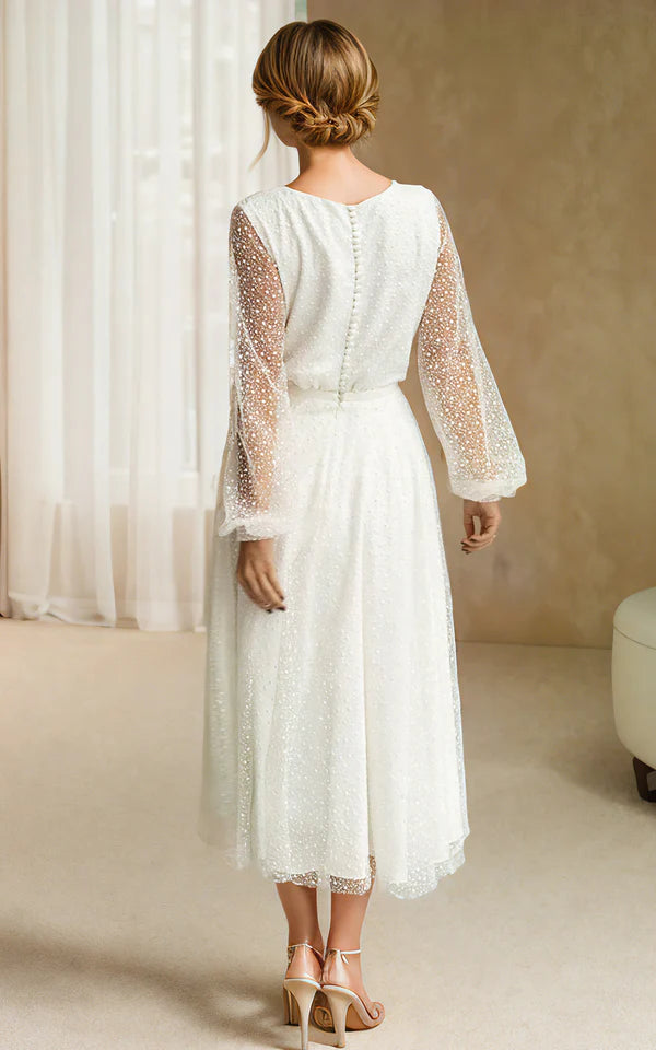 A-Line Tulle White Tea-Length Long Sleeve Wedding Dress
