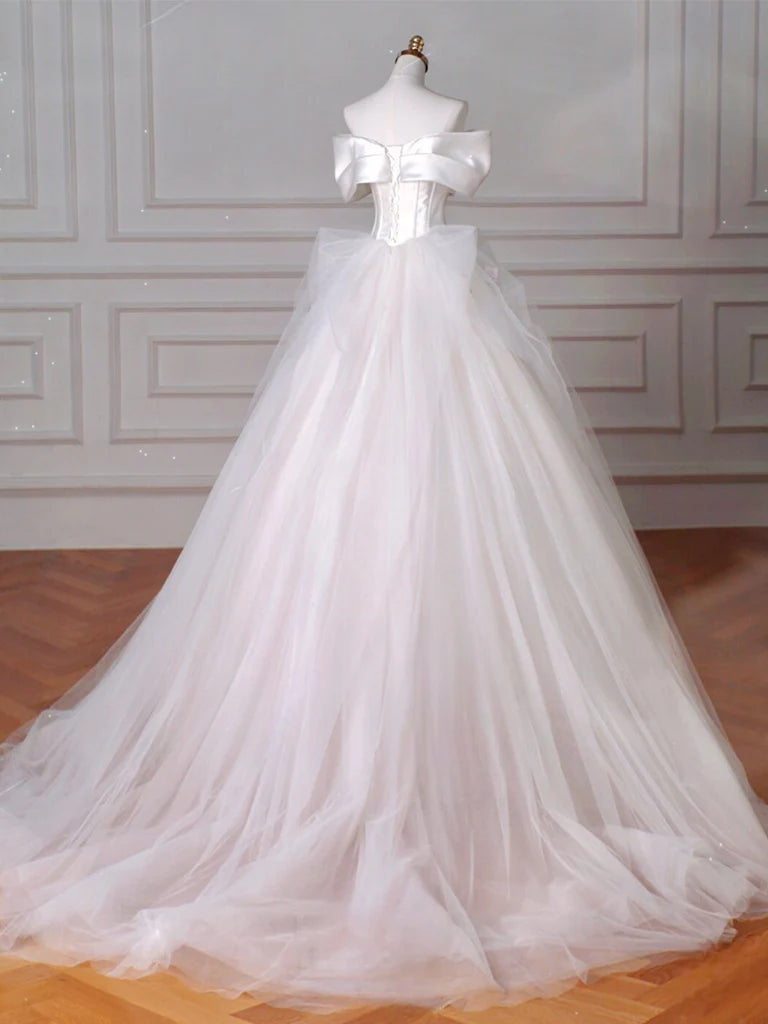 A-Line Off Shoulder Tulle Beige Long Wedding Dress