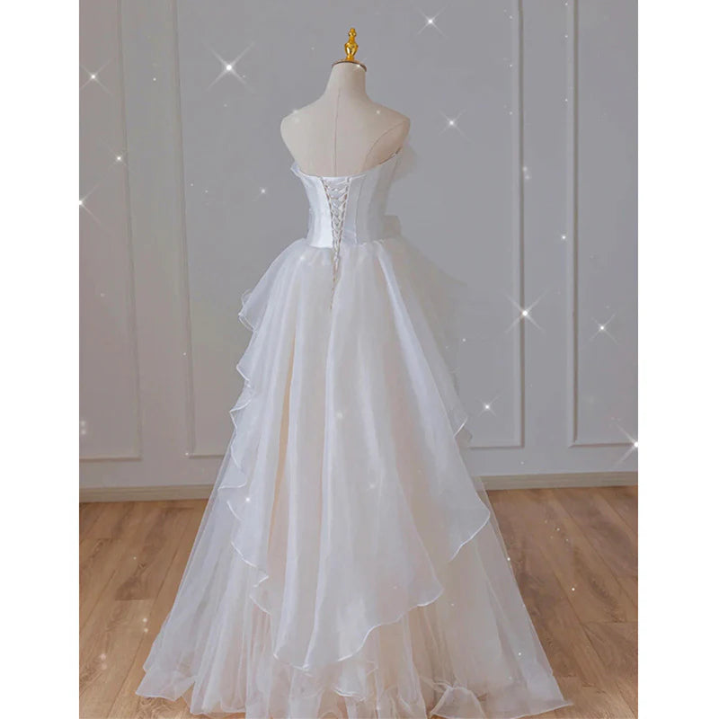 White French Strapless Wedding Gown Bow Tie Long Prom Dress