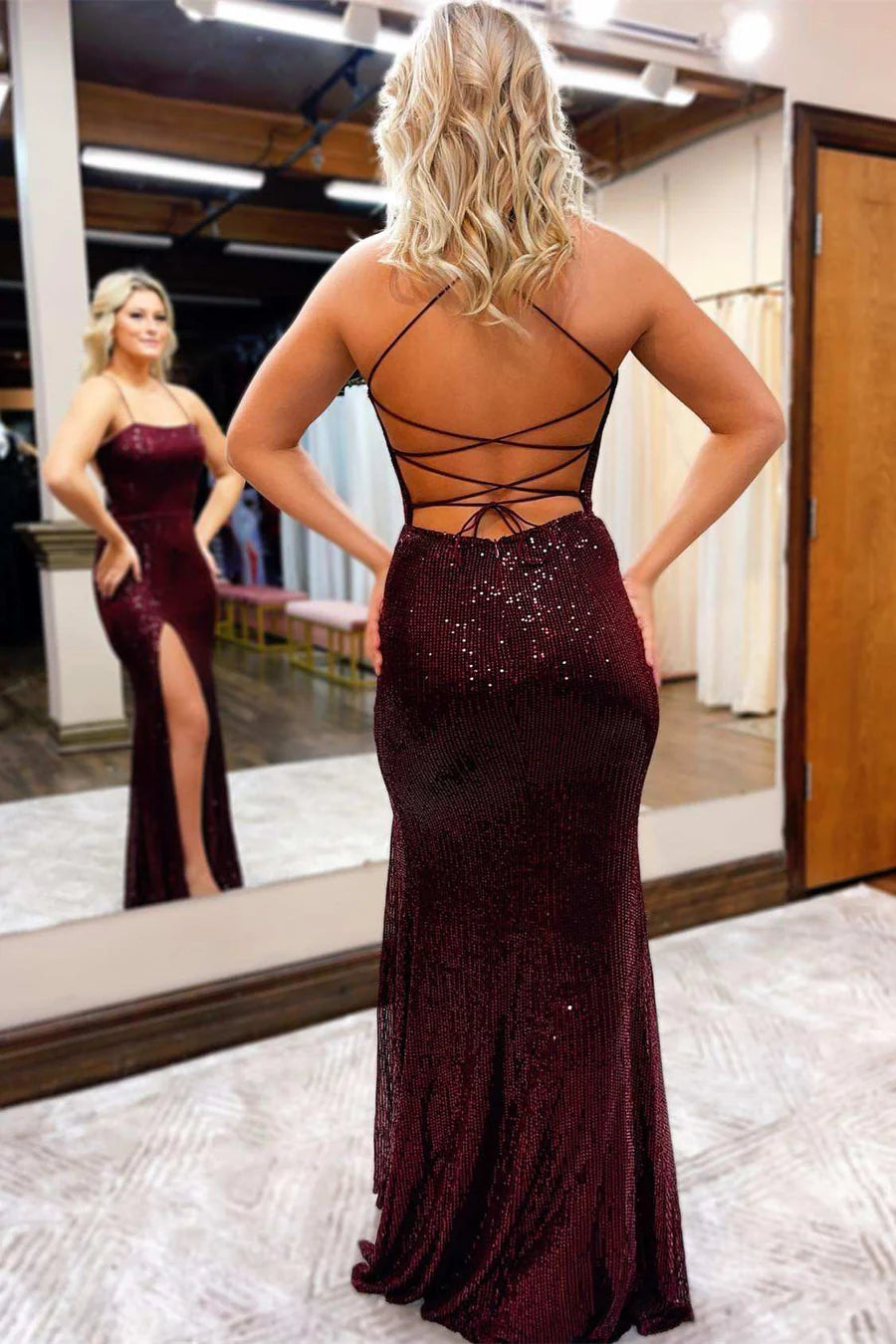 Sequin Lace-Up Back Long Prom Dress with Slit