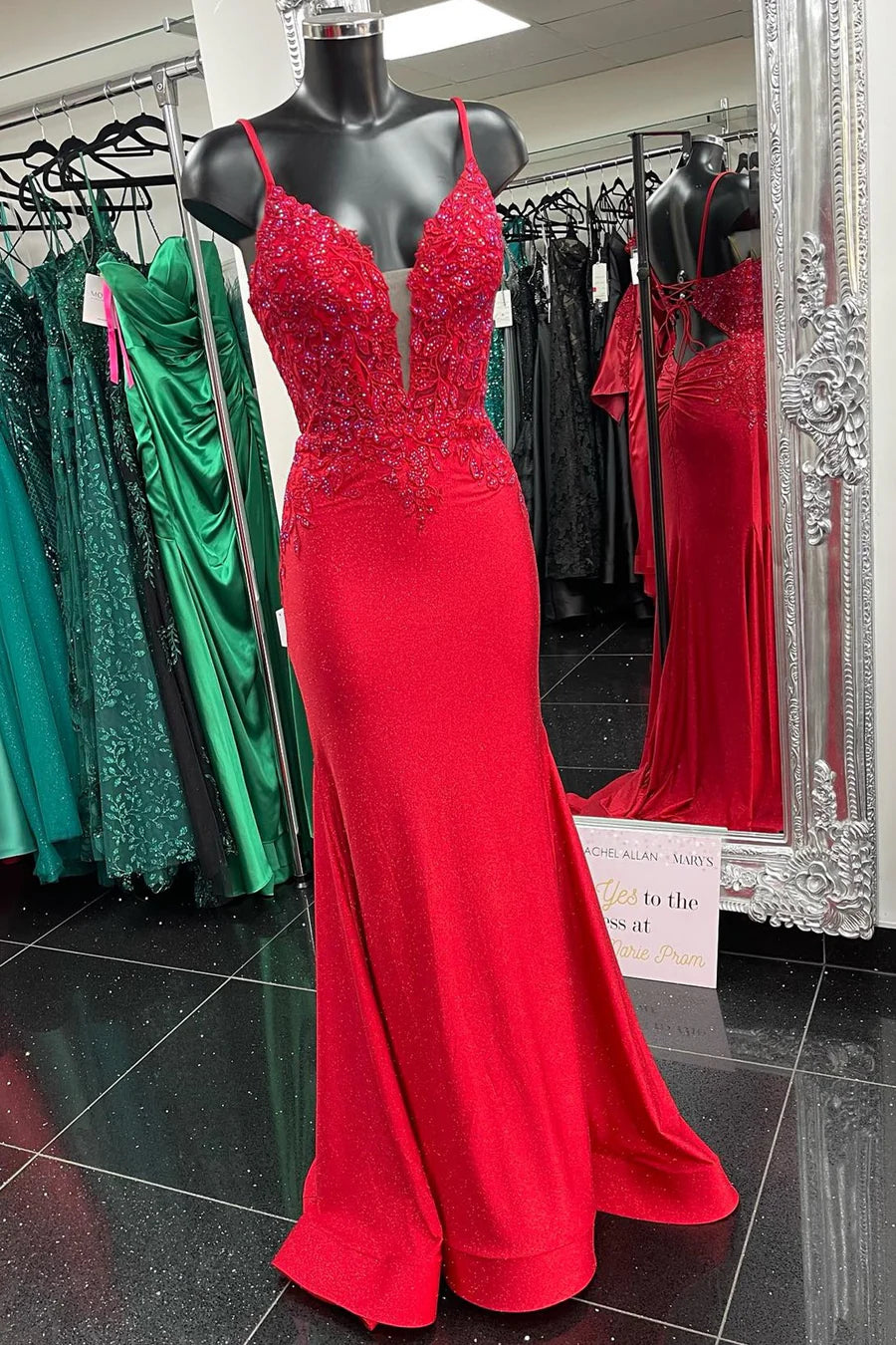 Plunge V Appliqué Lace-Up Mermaid Long Prom Dress