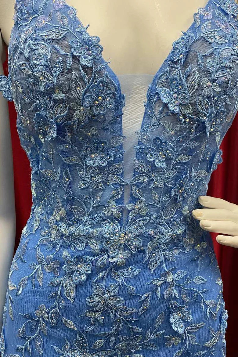 Applique V-Neck Backless Mermaid Long Prom Dress