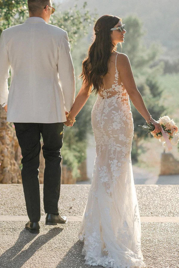 V Neck Tulle Lace Sleeveless Ivory Wedding Dresses