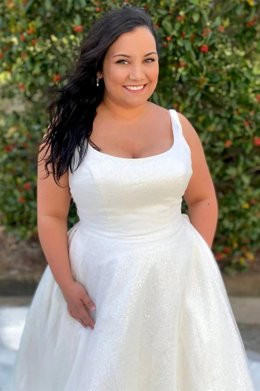 Glittery Square Neck Backless A-Line Long Wedding Dress