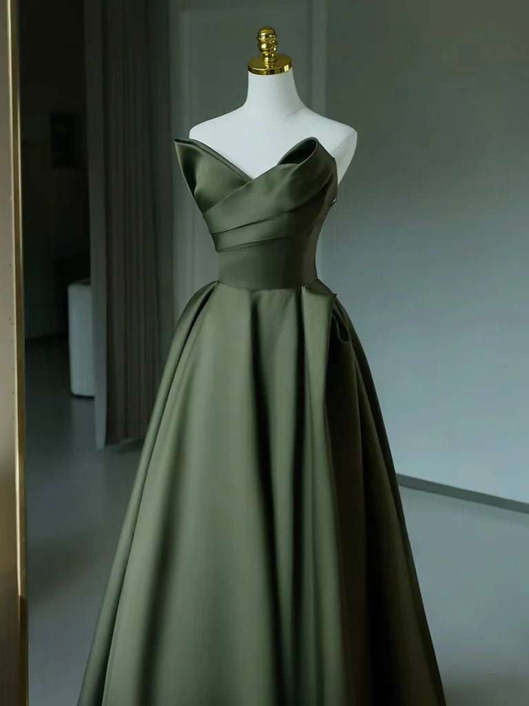 A-Line V Neck Satin Green Long Prom Dress