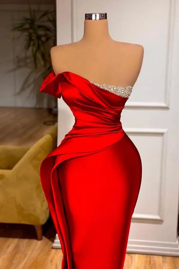 Red Long Mermaid Strapless Satin Prom Dress with