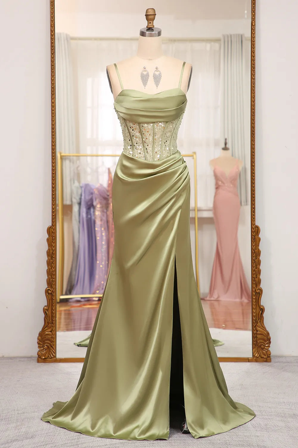 Spaghetti Straps Sage Corset Prom Dress with Beading