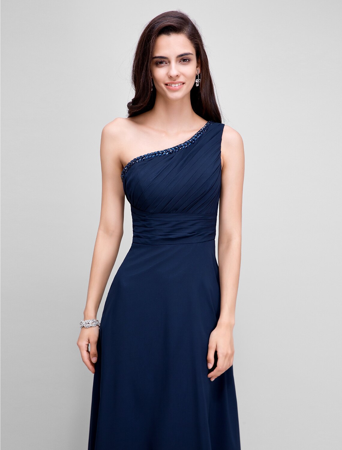 Sheath / Column Empire Dress Wedding Guest Formal Evening Floor Length Sleeveless One Shoulder Bridesmaid Dress Chiffon with Ruched Beading