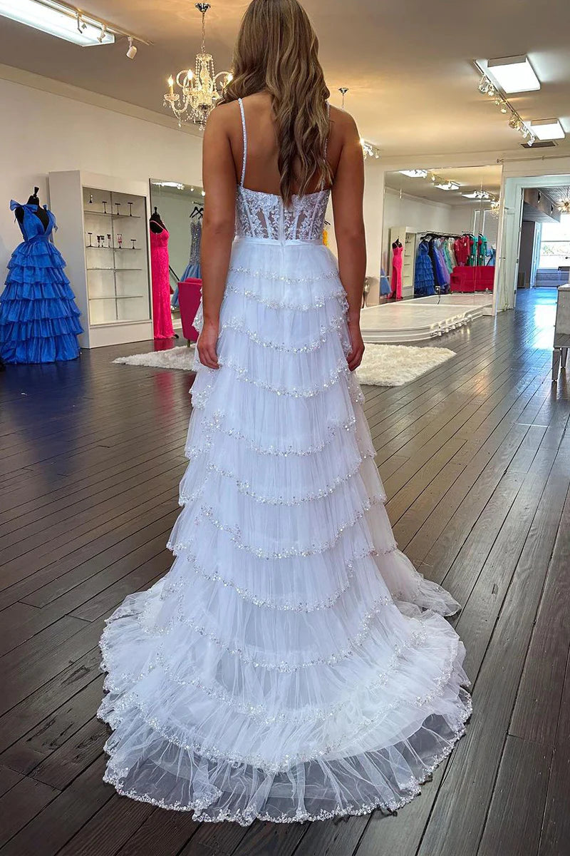 White Tulle Appliques Sweetheart Long Prom Dresses with Slit