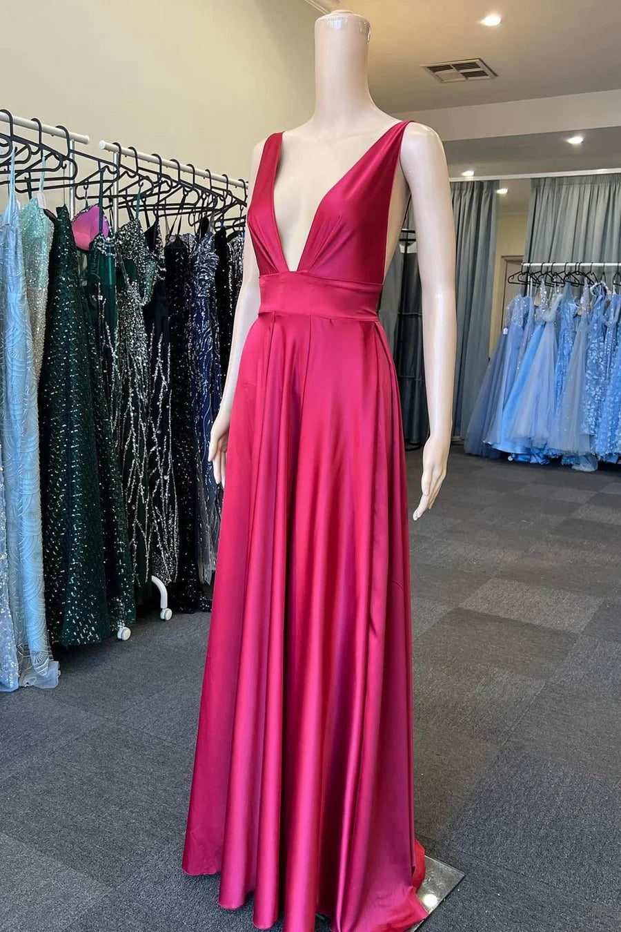 Fuchsia Plunge V Backless A-Line Formal Dress