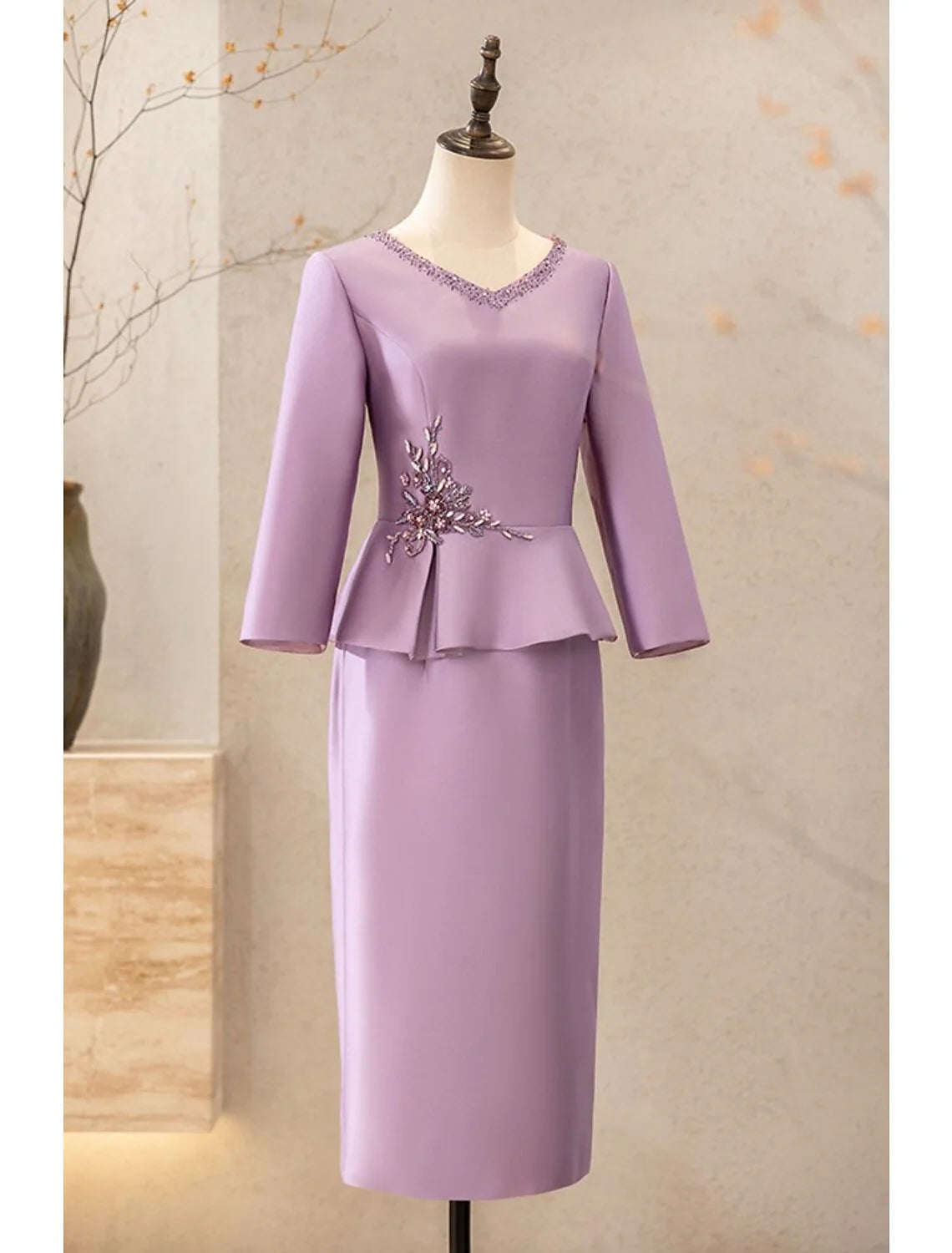DingjiTwo Piece Cocktail Dresses Elegant Dress Wedding Party Tea Length Long Sleeve V Neck Satin with Appliques