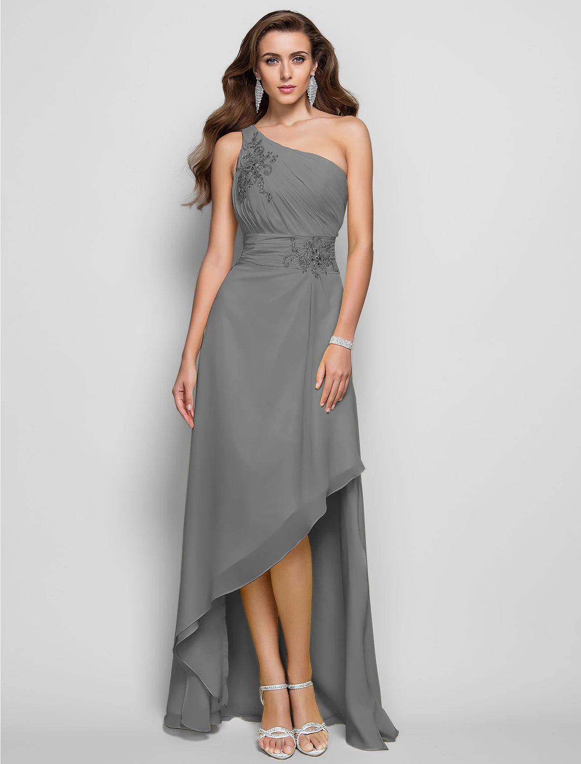 Sheath / Column Elegant Dress Wedding Guest Cocktail Party Asymmetrical Sleeveless One Shoulder Bridesmaid Dress Chiffon with Beading Slit Appliques