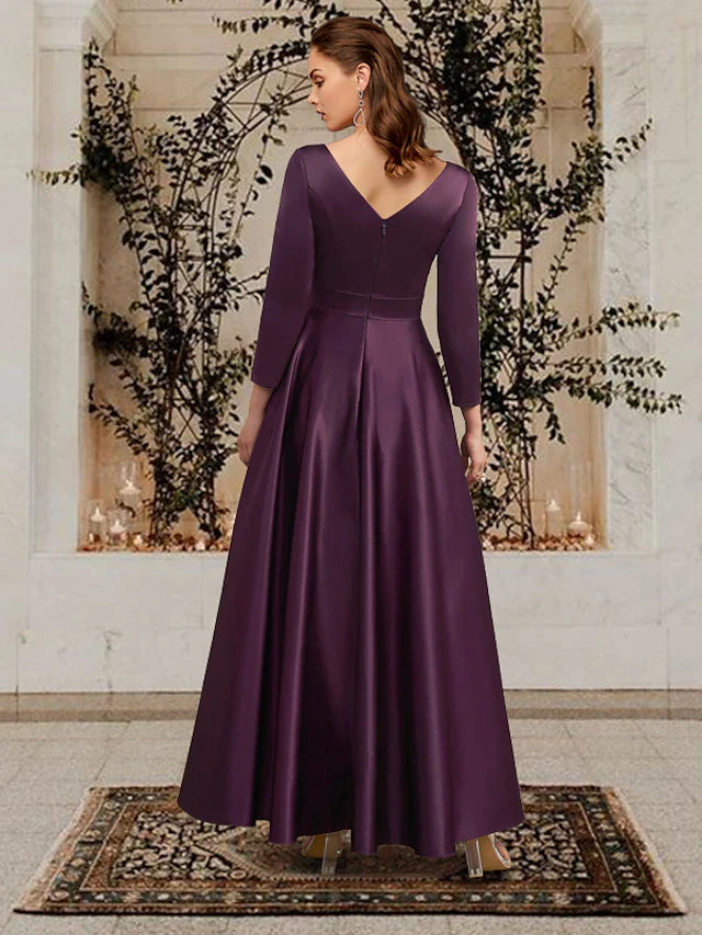 A-Line Mother of the Bride Dress Plus Size Elegant V Neck Ankle Length Satin Long Sleeve with Pleats Solid Color