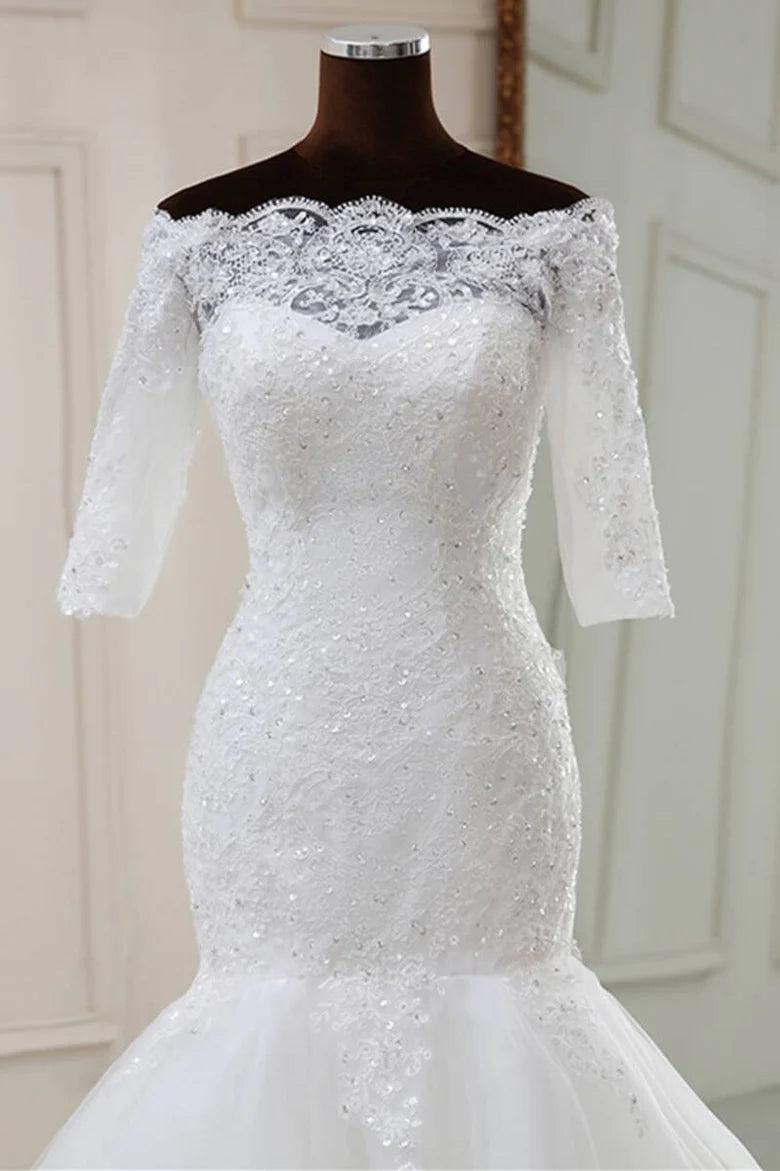 Lace Off-the-Shoulder Half Sleeve Trumpet Wedding Dress