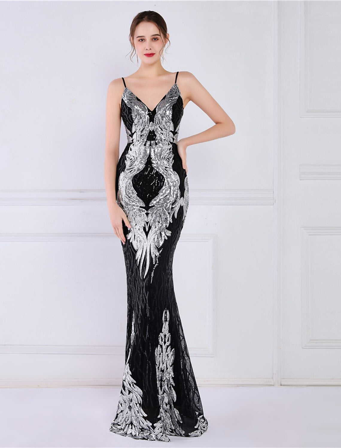 Mermaid / Trumpet Evening Gown Sparkle & Shine Dress Formal Wedding Guest Floor Length Sleeveless Spaghetti Strap Sequined with Sequin