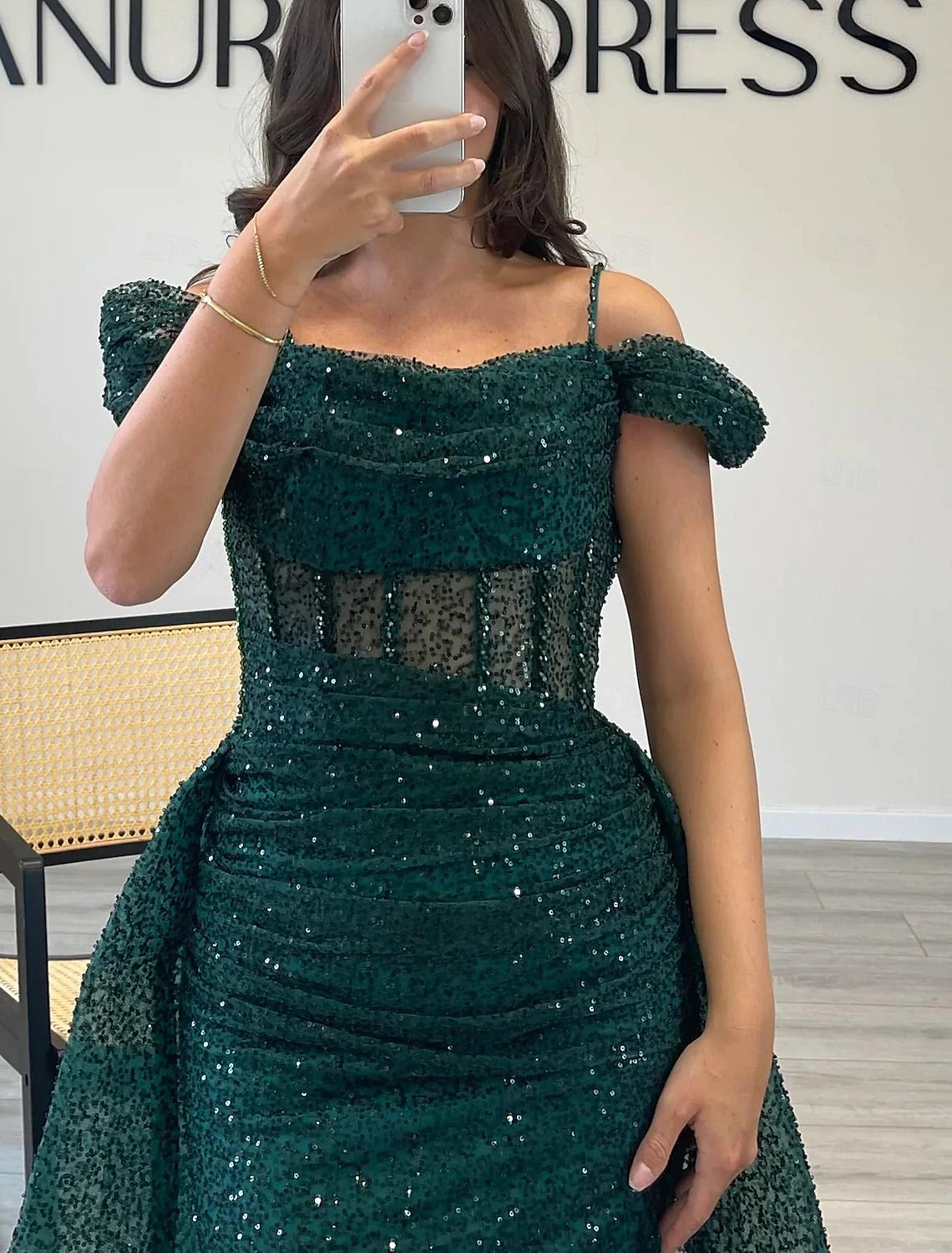 Sheath / Column Prom Dresses Elegant Dress Formal Prom Floor Length Short Sleeve Off Shoulder Sequined with Glitter Ruched