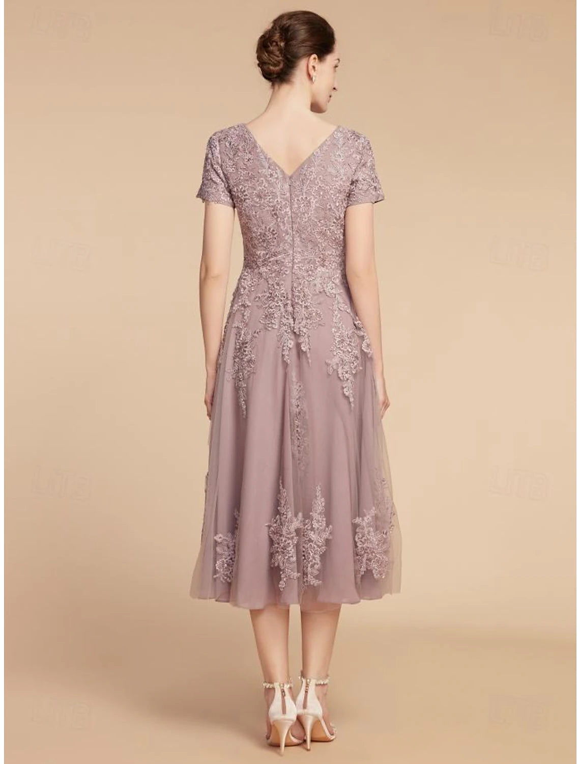 A-Line Mother of the Bride Dress Wedding Guest Elegant Petite Jewel Neck Tea Length Lace Tulle Short Sleeve with Ruching Flower