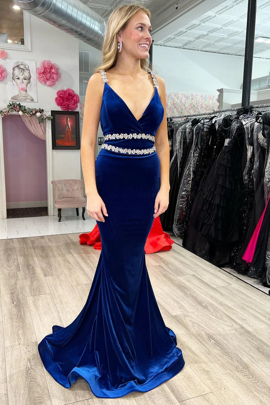 Velvet V-Neck Beaded Strap Mermaid Long Formal Dress