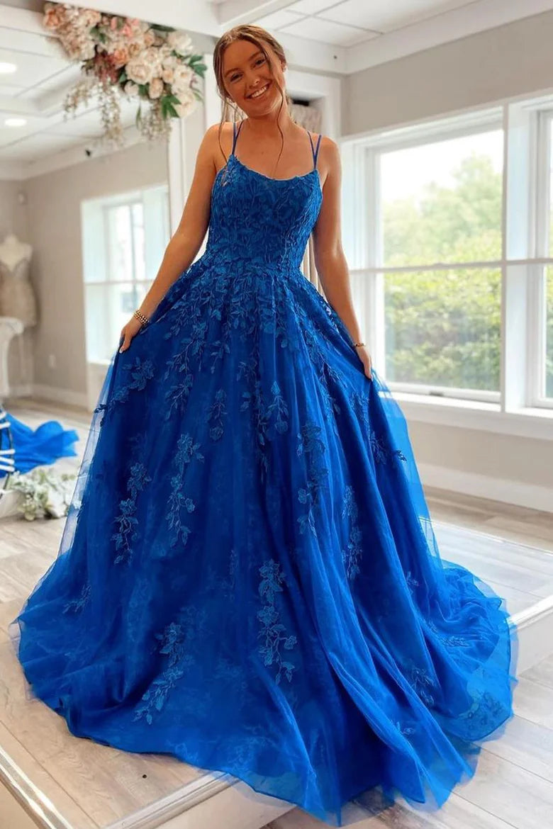 Blue Appliques A-line Long Formal Dress