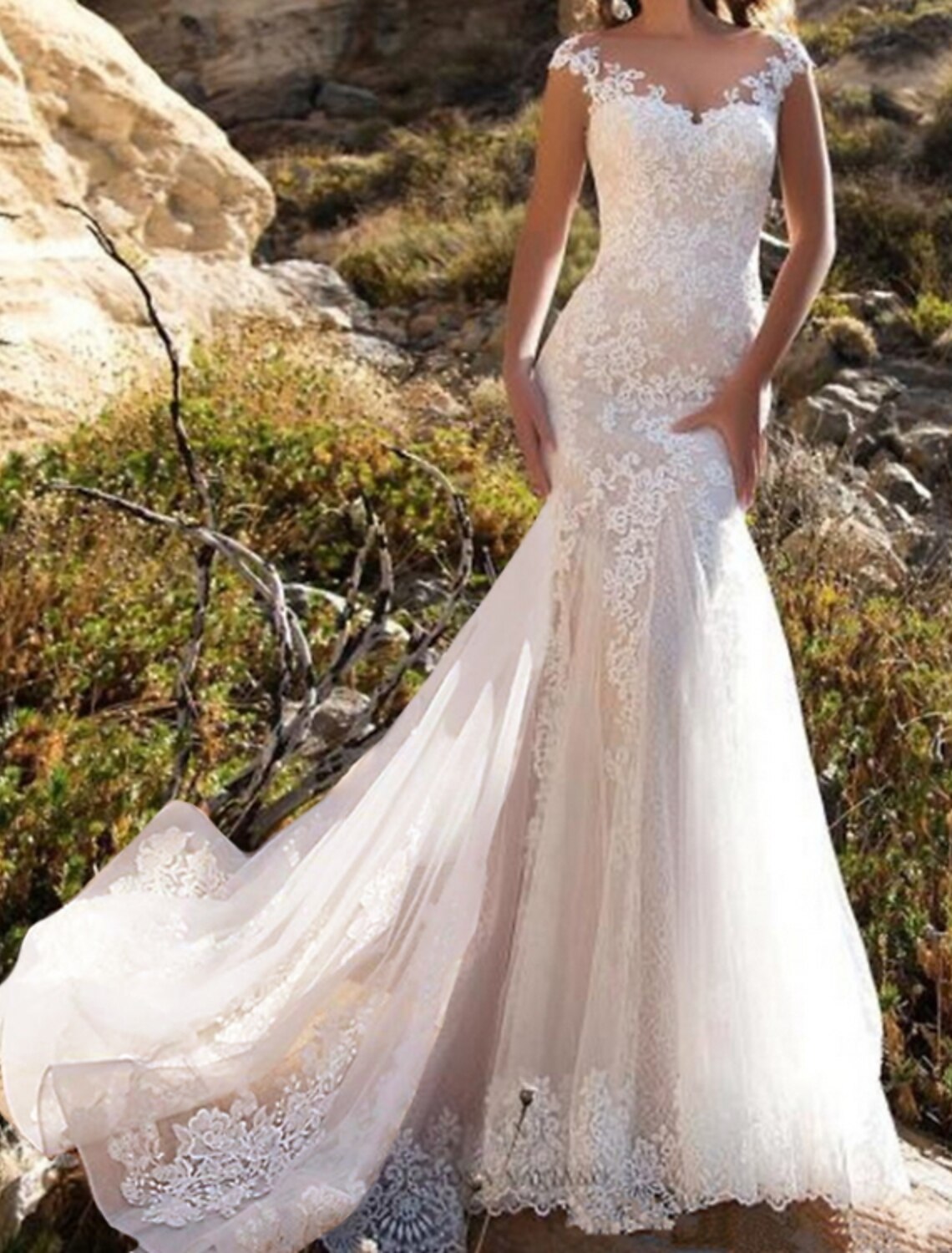 Engagement Formal Fall Wedding Dresses Mermaid / Trumpet Illusion Neck Cap Sleeve Chapel Train Lace Bridal Gowns With Lace Insert Appliques Summer Wedding Party, Women‘s Clothing